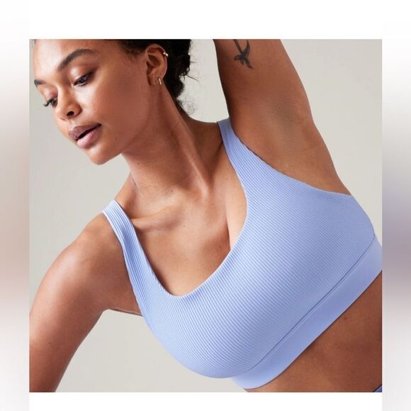 NWT New ATHLETA Exhale Rib Strappy Bra Top Swallowtail Blue D / DD Cup Medium - Picture 5 of 7